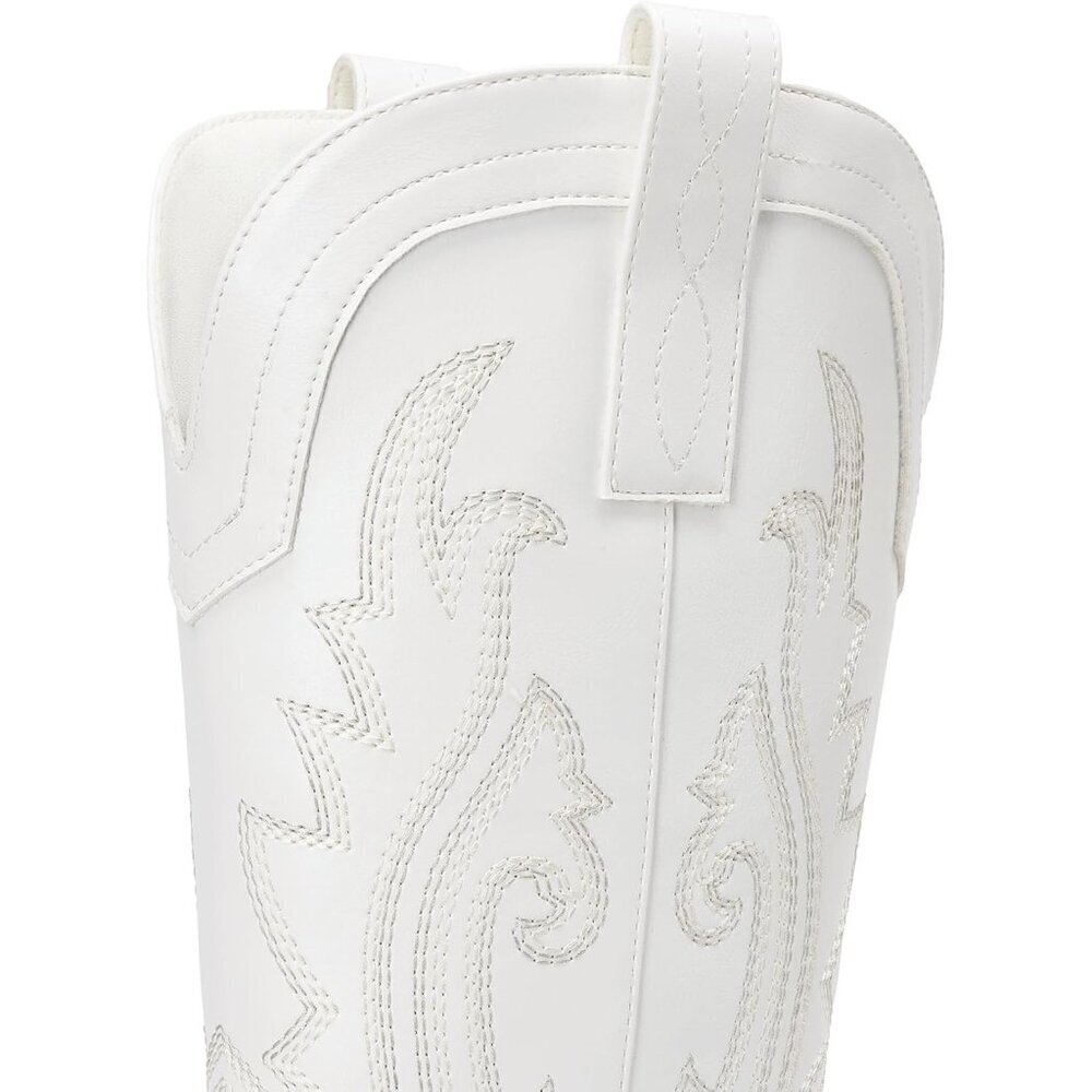 Women's White Cowgirl Boots Embroidered Pointed Toe Low Heel Mid Calf Boot - Picture 6 of 8